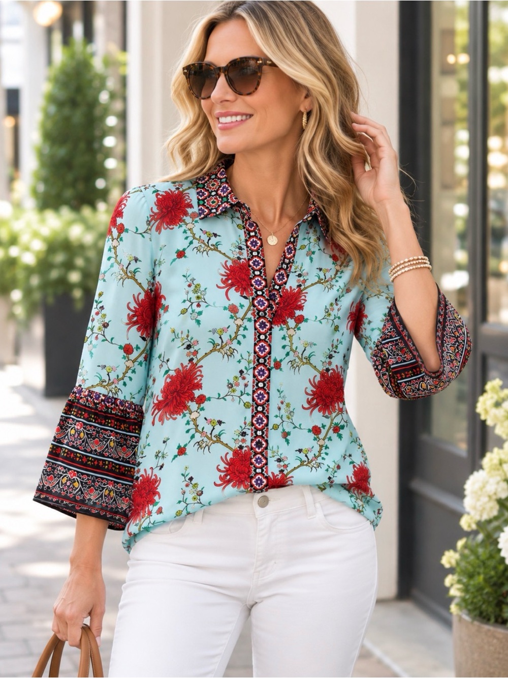 Alice + Olivia Rana Ruffle Sleeve Blouse Chrysanthemum Border Print Size Small